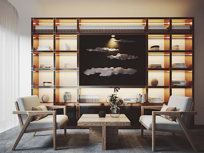 Modern Leisure Sofa Set in Living Room with Bookshelf Coffee Table and Wall Painting 3d model