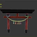 Traditional Japanese Torii Gate With Red Pillars Black Top And Hanging Bells