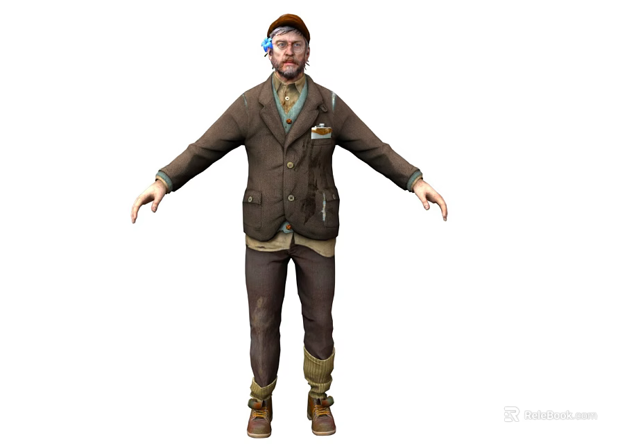 A Man With Goggles Beard Brown Coat Light Shirt Dark Pants Brown Shoes Open Arms 3d model 