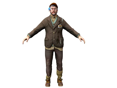 A Man With Goggles Beard Brown Coat Light Shirt Dark Pants Brown Shoes Open Arms 3d model