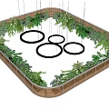Three Circular Pendant Lights Hanging in Square Frame Surrounded by Lush Green Foliage