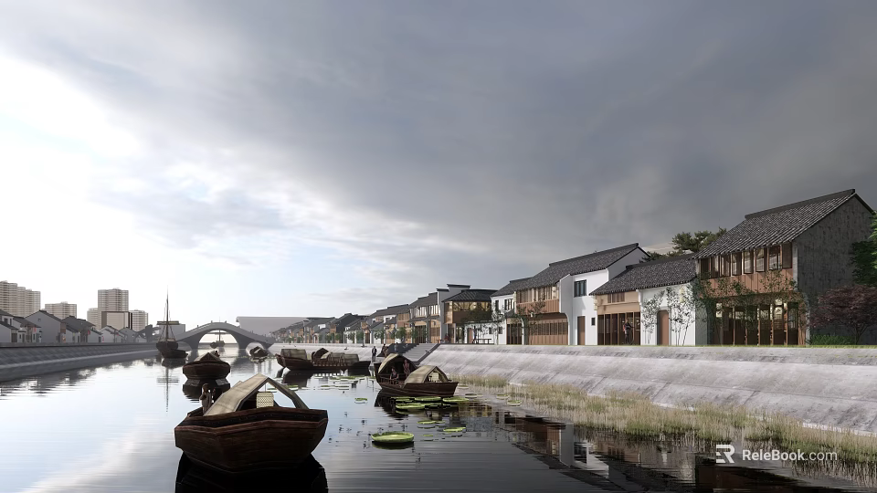 Traditional Wooden Boats on River with Ancient Buildings and Bridge Under Cloudy Sky 3d model 