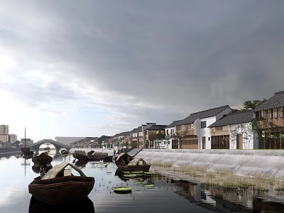 Traditional Wooden Boats on River with Ancient Buildings and Bridge Under Cloudy Sky 3d model