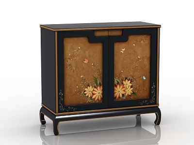Elegant Sideboard With Black Frame Brown Doors Featuring Floral Butterfly Patterns And Gold Accent Legs 3d model