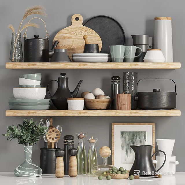 Wooden Kitchen Shelves Displaying Teapots Bowls Plates Cups Pots Jars And Bottles 3d model 