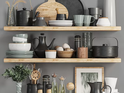Wooden Kitchen Shelves Displaying Teapots Bowls Plates Cups Pots Jars And Bottles 3d model