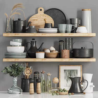 Wooden Kitchen Shelves Displaying Teapots Bowls Plates Cups Pots Jars And Bottles 3d model