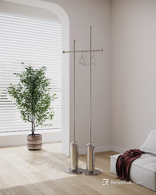 Freestanding Metal Clothes Hanger Indoor With Green Plant Window Blinds And Wooden Floor 3d model 