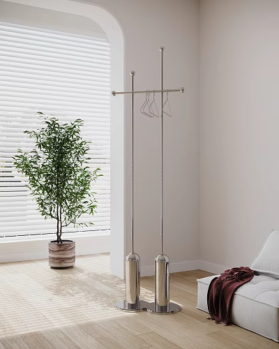 Freestanding Metal Clothes Hanger Indoor With Green Plant Window Blinds And Wooden Floor 3d model