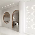 Yue Jiaoniang Reception Counter Area With White Cabinets Curved Column Circular Light And Green Plant