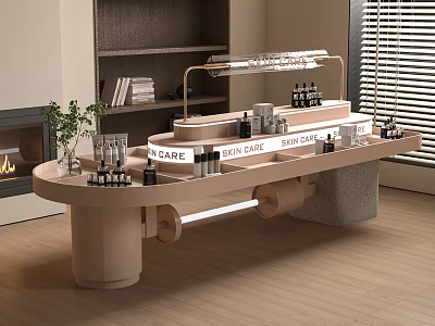 Modern Skin Care Product Display Counter With Pink Design Shelves And Green Plants Interior 3d model