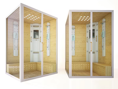 Modern Shower Sauna Interior Design With Wooden Frame Glass Doors And Control Panels 3d model