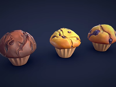 Delicious Assorted Muffins with Chocolate Chips Blueberry Toppings in Paper Cups 3d model