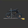 Classic Black Motorcycle With Thick Tires Parked Near Wooden Post On Brick Platform