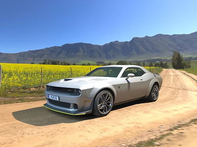 Stunning Silver Muscle Car Parked On Scenic Dirt Road With Yellow Flower Field And Mountains 3d model