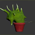 Cartoon Green Spiky Plant with White Spikes Big Eyes in Red Pot
