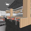 Modern Restaurant Interior Design With Wooden Counter White Tables Orange Chairs And Pendant Lights