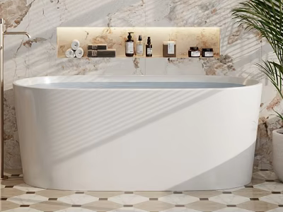 Modern Bathroom Design Featuring White Freestanding Bathtub Marble Wall Shelf With Toiletries And Geometric Tiles 3d model