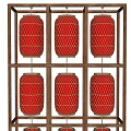 Six Red Lanterns With Gold Lattice Pattern Hanging In Wooden Frame