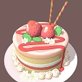 Layered Strawberry Cake With Red Frosting Cream And Flower Decorations Striped Straws On White Plate