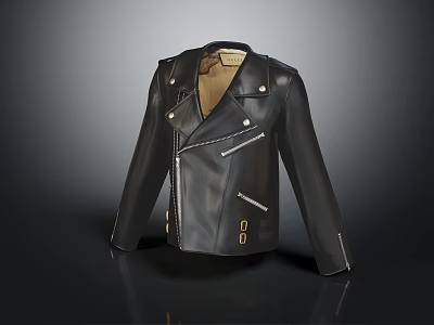 Black Leather Motorcycle Jacket With Metal Zippers And Classic Buttons Design 3d model