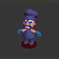 Cartoon Chef Character Wearing Blue Uniform Hat With Green Eyes Standing On Red Base