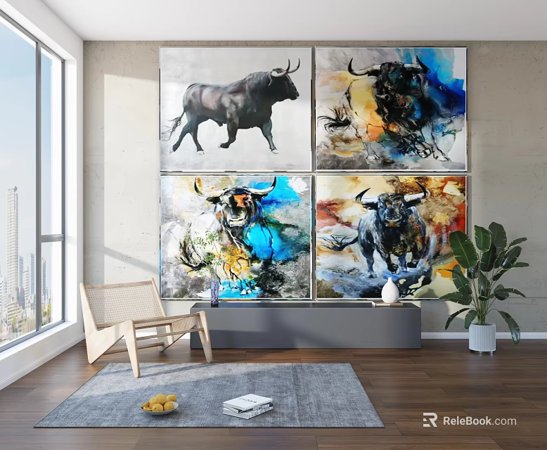 Four Colorful Abstract Bull Animal Paintings As Canvas Artworks Decorating Living Room Wall 3d model 