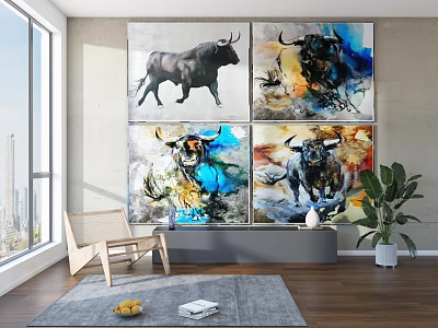 Four Colorful Abstract Bull Animal Paintings As Canvas Artworks Decorating Living Room Wall 3d model