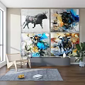 Four Colorful Abstract Bull Animal Paintings As Canvas Artworks Decorating Living Room Wall