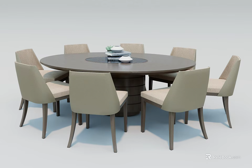 Modern Round Dining Table Set With Six Light Colored Chairs And Wooden Top 3d model