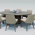 Modern Round Dining Table Set With Six Light Colored Chairs And Wooden Top 3d model