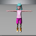 Playful 3D Character with Blue Green Hair Pink Vest Rabbit Design Arms Outstretched Pink Shorts