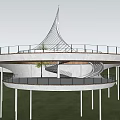 Scenic Winding Wooden Pathway With Supporting Pillars And Circular Rest Area On Green Hillside