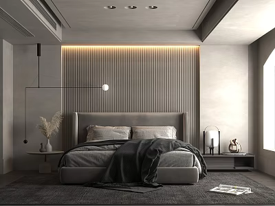 Modern Bedroom Interior With Striped Wall Panel Gray Bedding Pendant Light And Area Rug 3d model