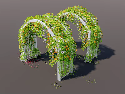White Framed Garden Arbors Covered With Green Vines Yellow And White Flowers 3d model