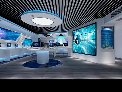 Modern Tech Exhibition Hall With Large Screens Computers Blue Lighting And Circular Ceiling 3d model