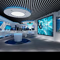 Modern Tech Exhibition Hall With Large Screens Computers Blue Lighting And Circular Ceiling 3d model