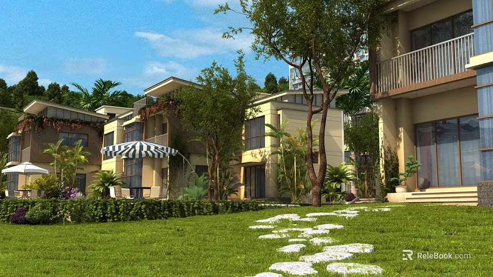 Spacious Detached Villa Exterior With Lush Greenery Lawn Stone Path And Shady Trees 3d model 