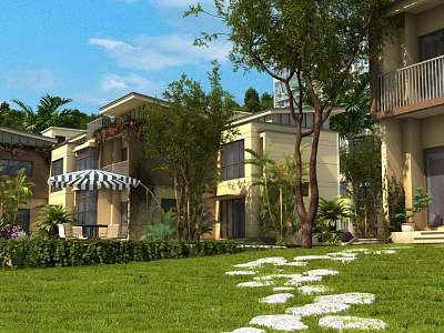 Spacious Detached Villa Exterior With Lush Greenery Lawn Stone Path And Shady Trees 3d model