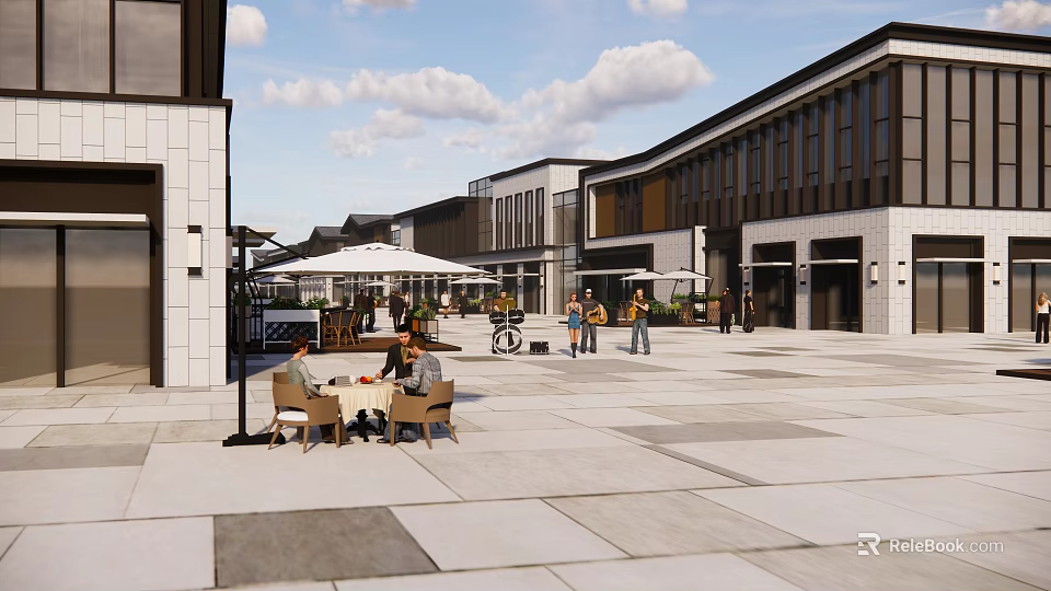 Charming Commercial Street Featuring Outdoor Cafes Pedestrians And Modern Shop Designs 3d model 
