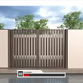 Modern Entrance Gate With Slatted Metal Design Beige Walls Green Trees Blue Sky