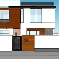 Modern Detached Villa With White Brown Exterior Large Windows Black Gates And Surrounding Green Plants