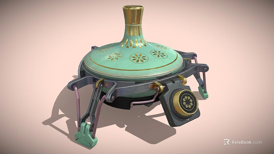 Vintage Portable Heating Stove With Green Floral Lid And Gold Accents On Metal Tripod Legs 3d model 
