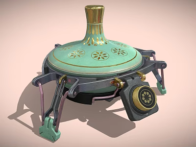 Vintage Portable Heating Stove With Green Floral Lid And Gold Accents On Metal Tripod Legs 3d model