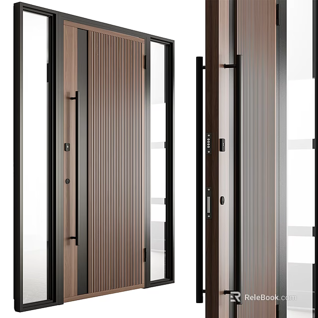 Sleek Contemporary Double Doors With Wooden Texture Black Metal Frame And Glass Panels Interior Design 3d model 