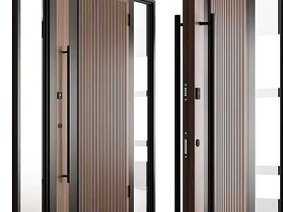 Sleek Contemporary Double Doors With Wooden Texture Black Metal Frame And Glass Panels Interior Design 3d model
