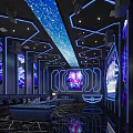 Modern KTV Interior With Blue Lighting Starry Sky Ceiling Large Screen Sofas And Geometric Decorations 3d model