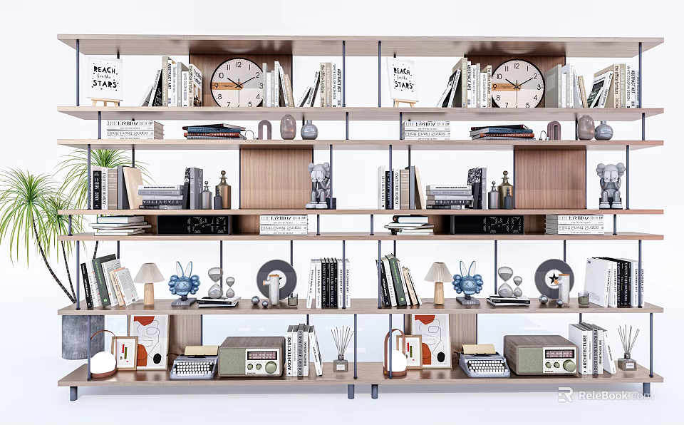 Well Arranged Bookshelf Display Featuring Books Magazines Decorative Clocks And Vintage Items 3d model 