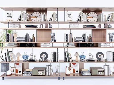 Well Arranged Bookshelf Display Featuring Books Magazines Decorative Clocks And Vintage Items 3d model