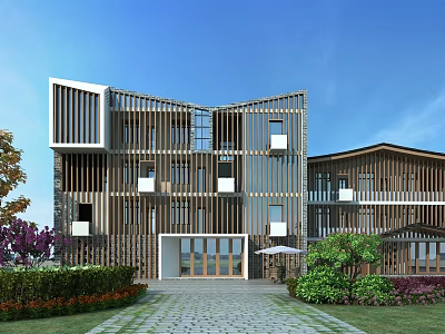 Modern Wooden Guesthouse Building With Geometric Facade And Courtyard Greenery 3d model